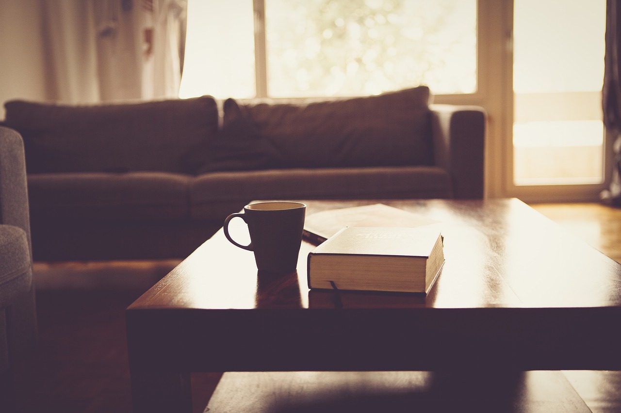 sofa with coffeetable book and mug